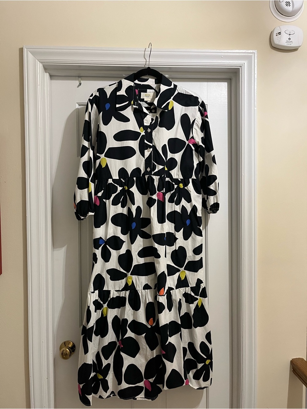 Black & White Floral Tiered Midi Dress with Colorful Accents
